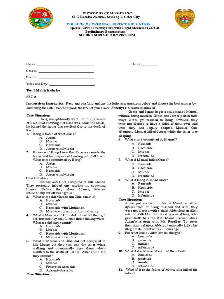 Cdi prelim exam set a pdf autopsy crime scene