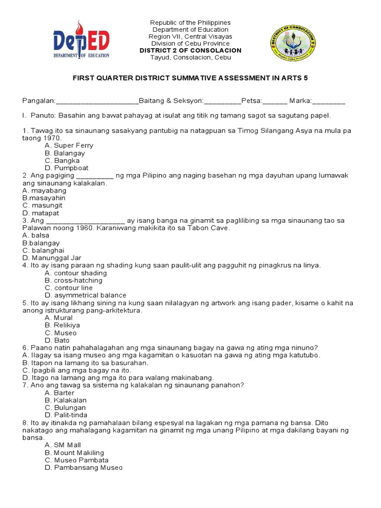 Arts 5 1st Quarter District Summative Assessment Test Pdf