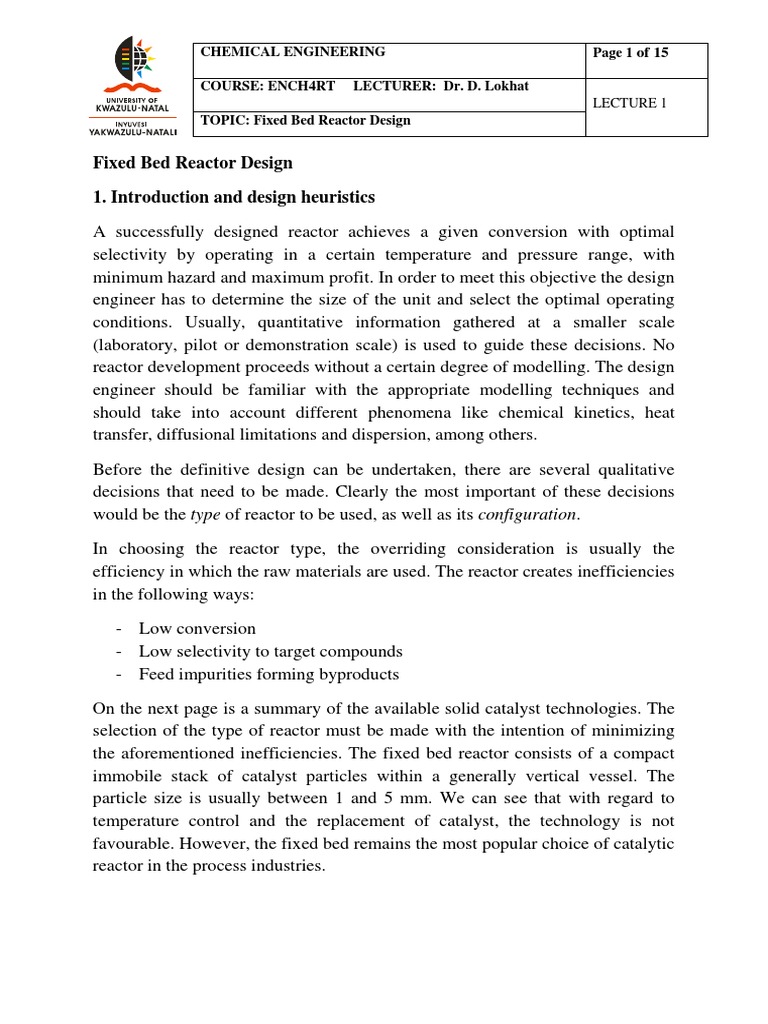 Fixed Bed Reactor Design Overview | PDF | Chemical Reactor | Catalysis