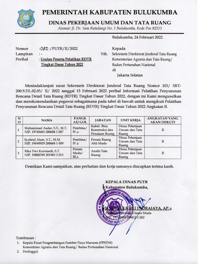 Surat Usulan Peserta Pelatihan RDTR Dputr Kab. Bulukumba | PDF