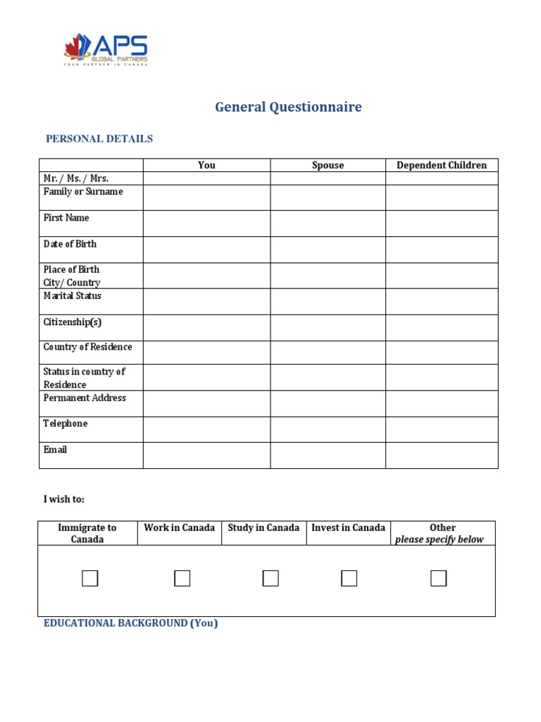 General Questionnaire For The Client - APS Global Partners | PDF