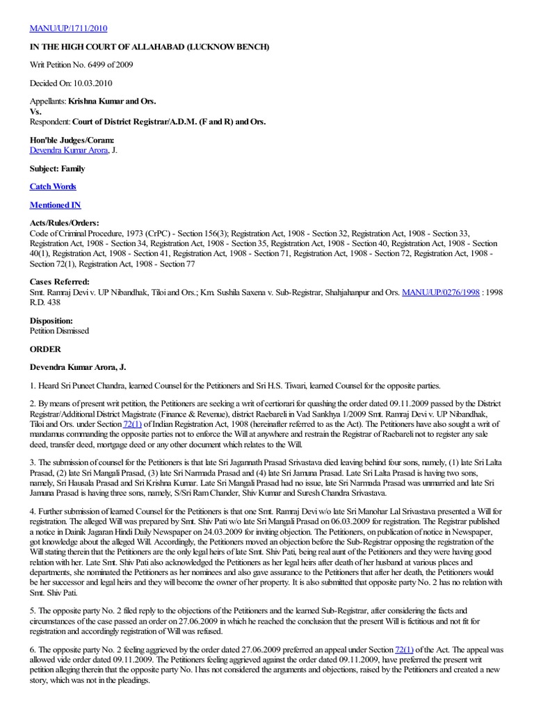Writ Petition on Registration Act Appeal | PDF | Will And Testament | Writ