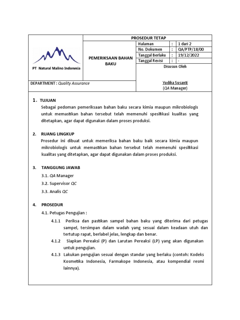 Prosedur Pemeriksaan Bahan Baku QA | PDF