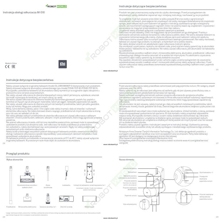 Manual Xiaomi Mi Vacuum Cleaner g10 PL | PDF