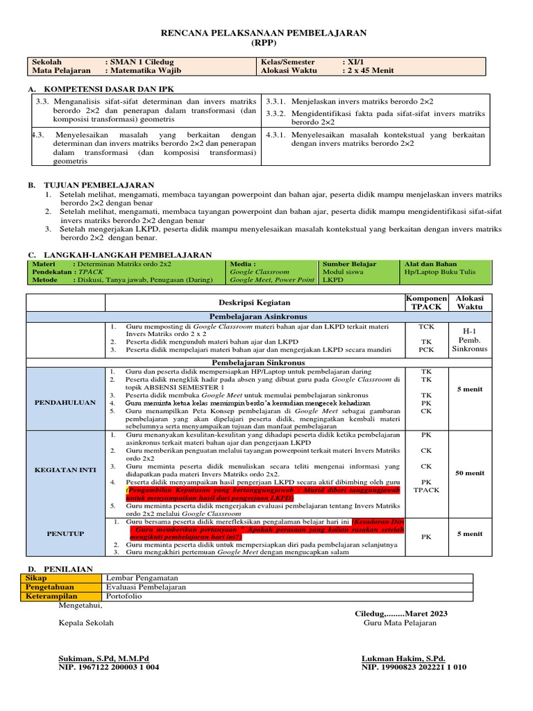 RPP Matematika: Invers Matriks 2x2 | PDF