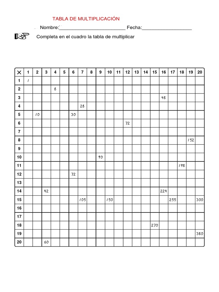 Multiplicaciones en Tabla 20 X 20 | PDF