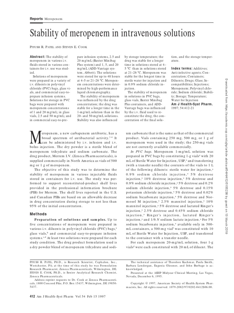 Stability of Meropenem in Intravenous Solution (Patel, 1997) | Download ...