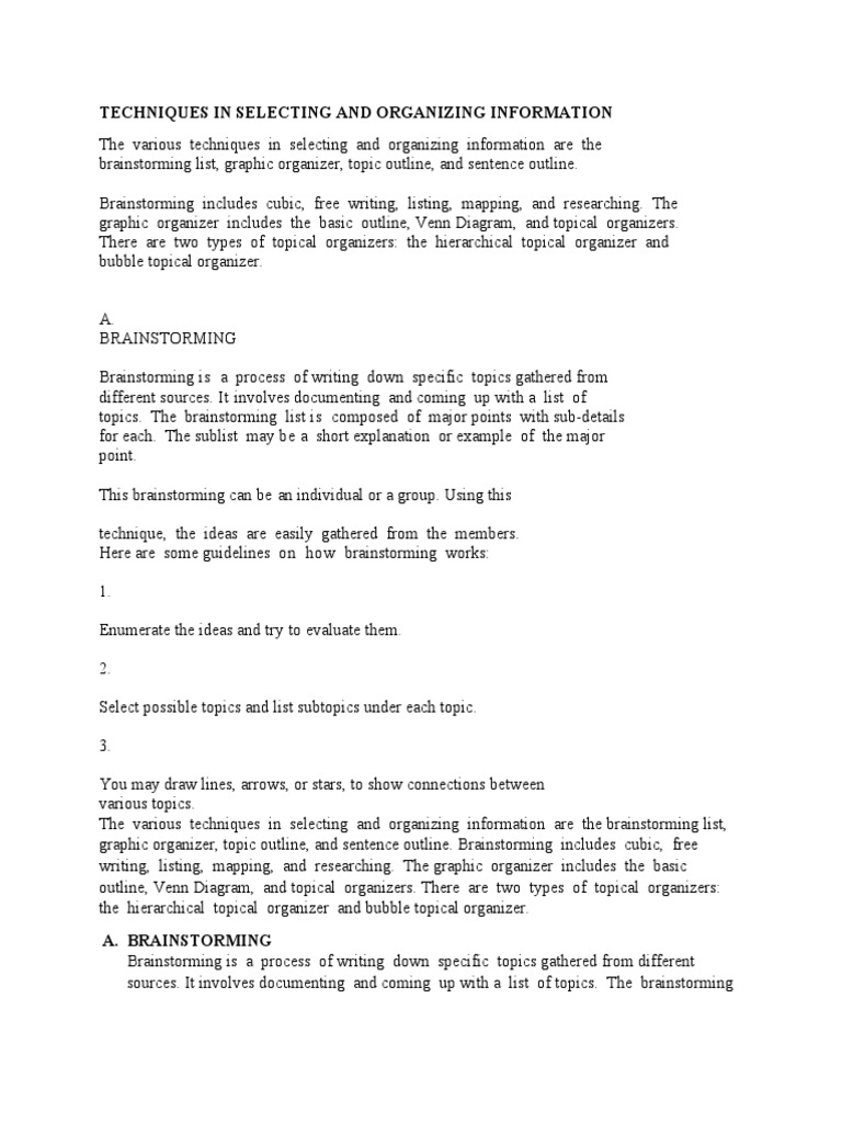 Techniques in Selecting and Organizing Information PDF Brainstorming Writing