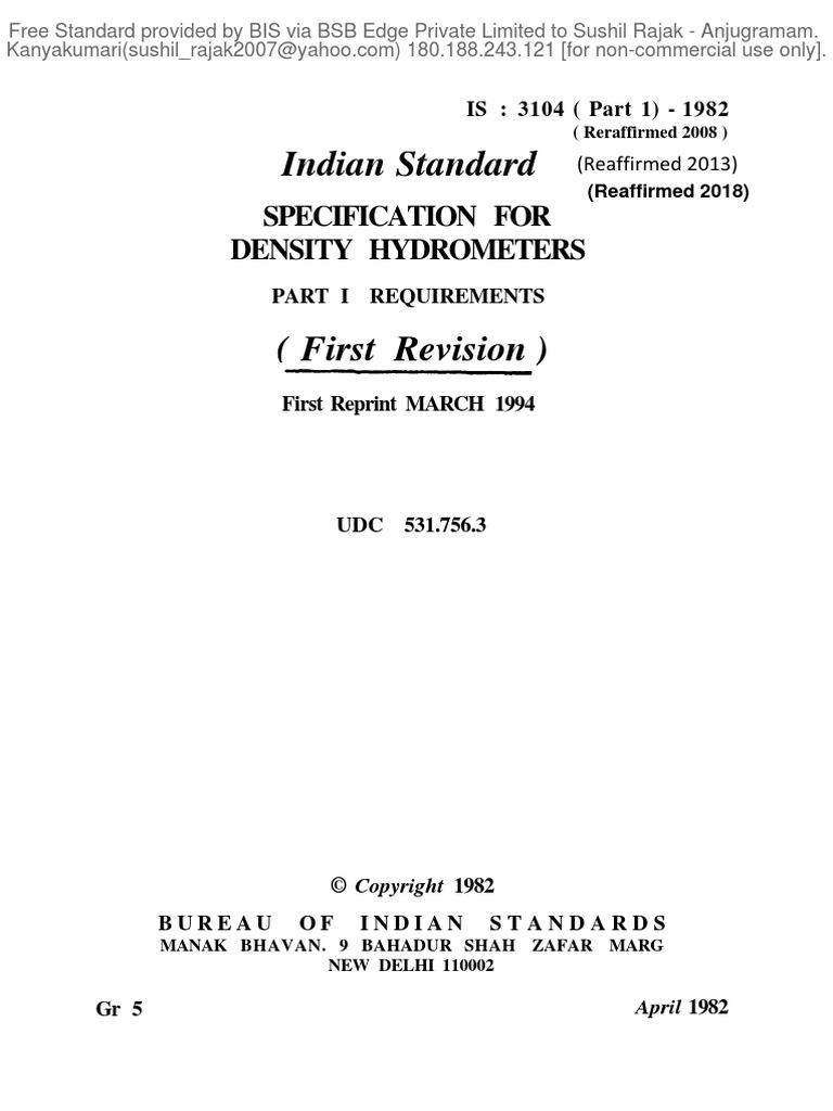 Indian Standard Specification For Density Hydrometers PDF Litre