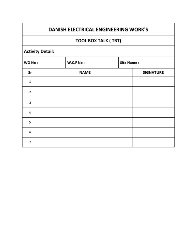 Danish Electrical Engineering Work'S Tool Box Talk (TBT) Activity