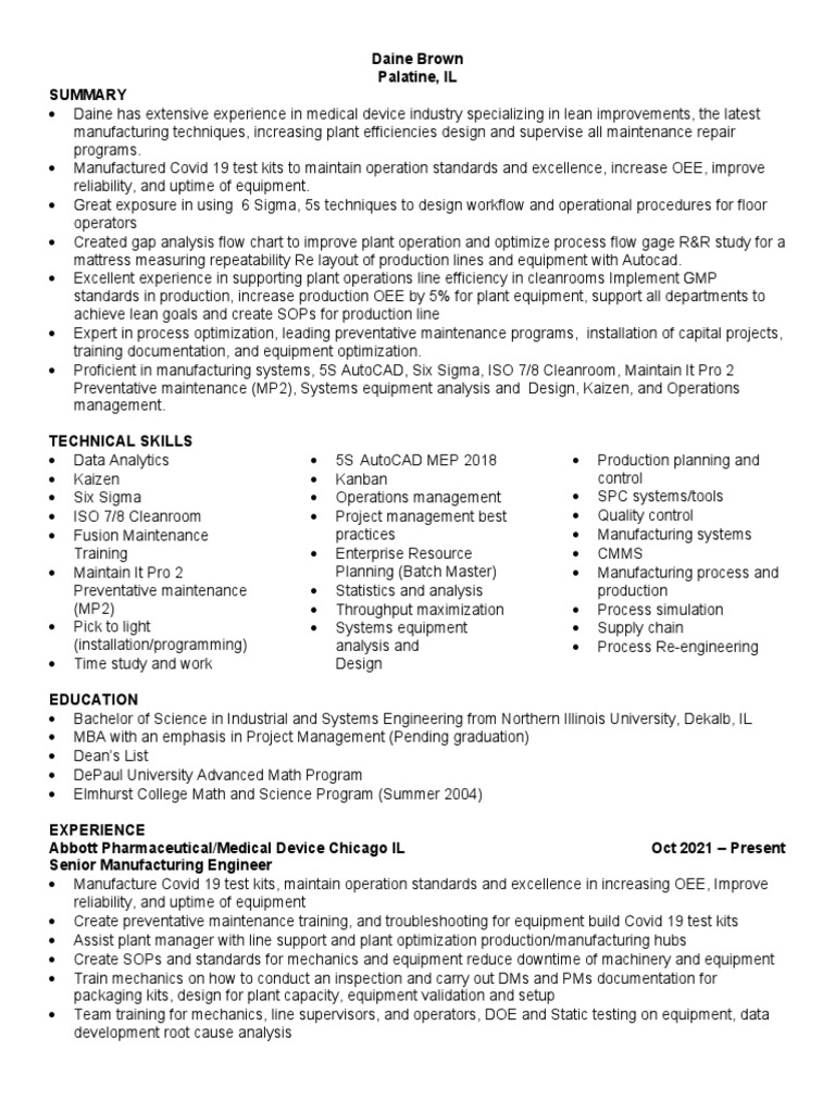 Medical Device Engineer Resume PDF Industrial Engineering Lean