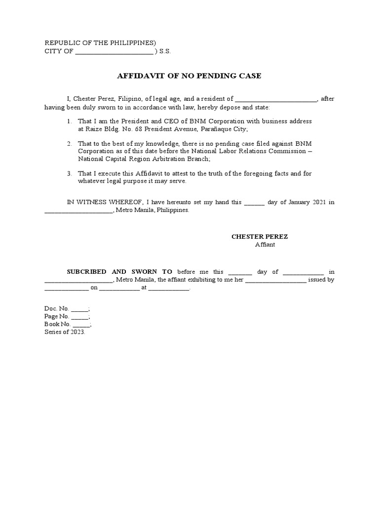 Affidavit of No Pending Case PDF