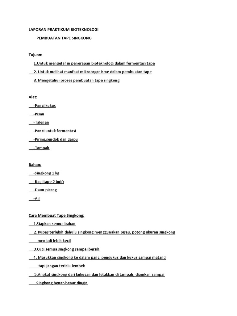 Laporan Praktikum Bioteknologi Pembuatan Tape Singkong | PDF
