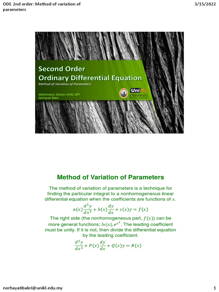 Method of Variation of Parameters: A Procedure for Finding Particular ...