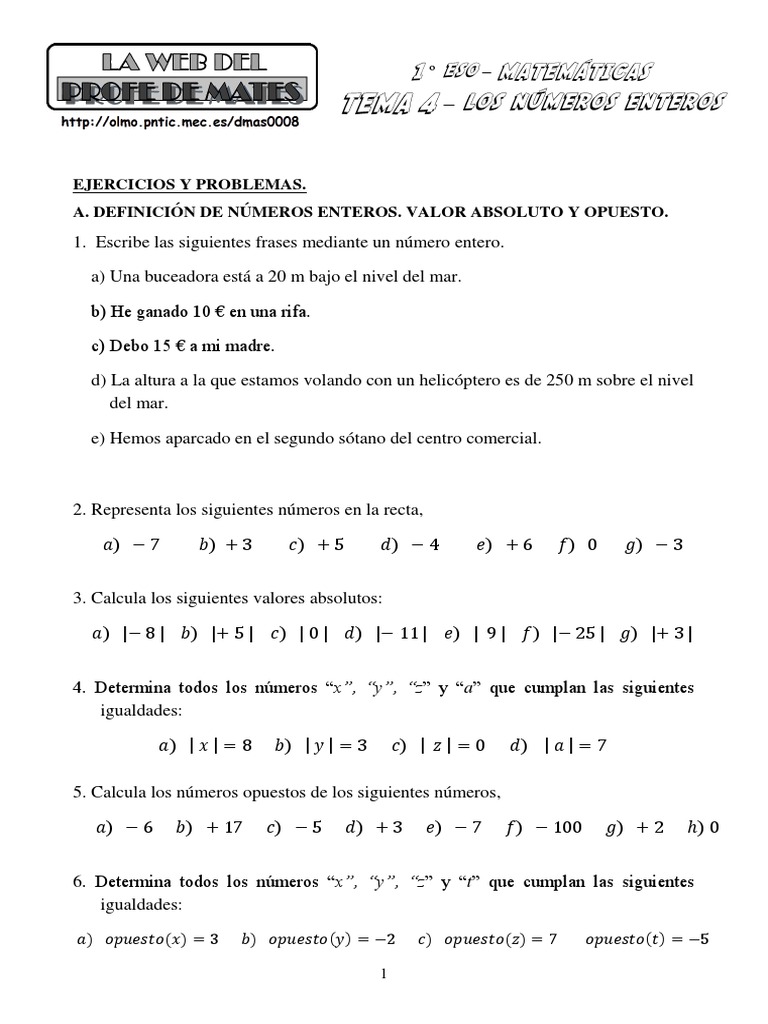Ejercicios de Números Enteros y Operaciones | PDF | Entero | Números