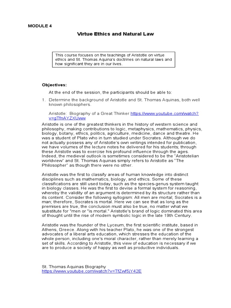 Module 4. Virtue Ethics and Natural Law | PDF | Happiness | Virtue