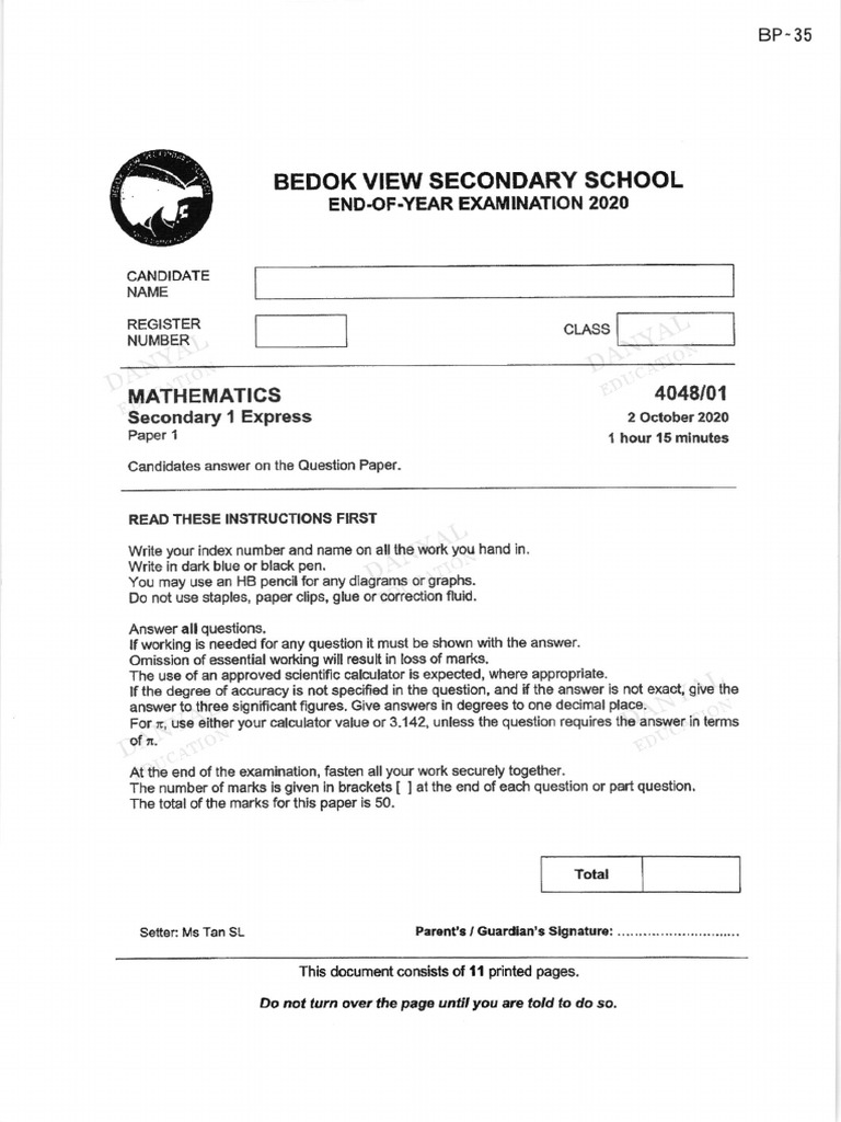 Bedok View Secondary End of Year 2020 Sec 1 Math PDF Mathematics