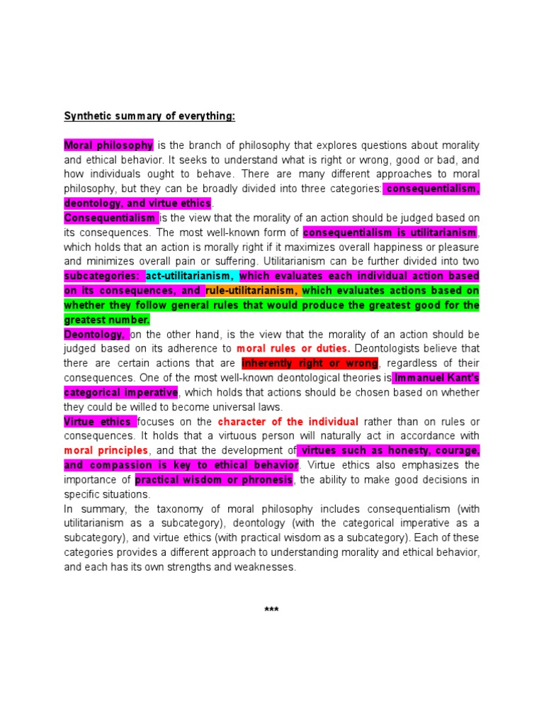 General Summary Moral Philosophy Pdf Morality Virtue Ethics