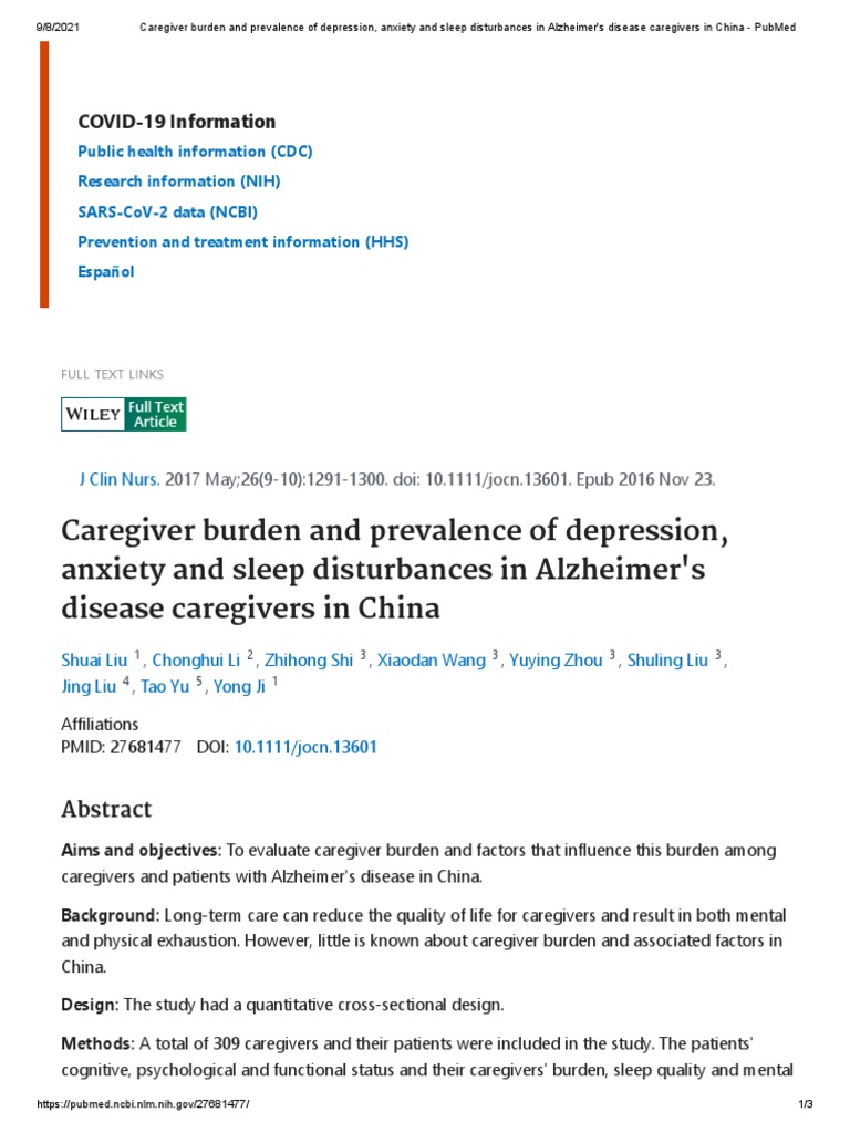 Caregiver burden and prevalence of depression anxiety and sleep