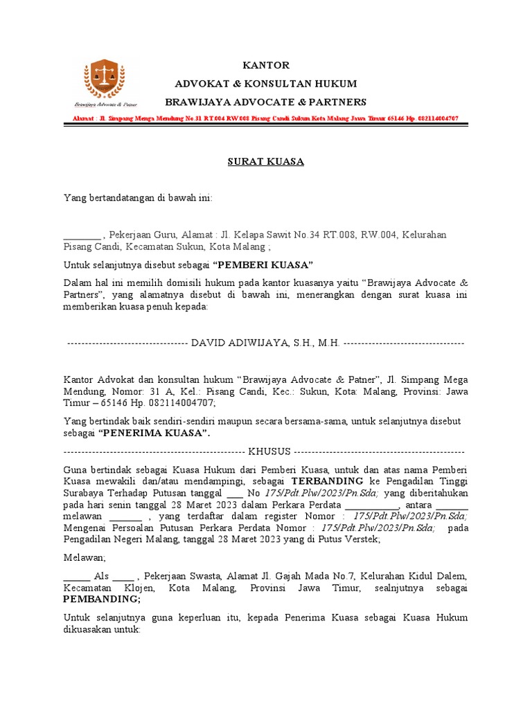 Contoh Surat Kuasa Khusus Terbanding | PDF