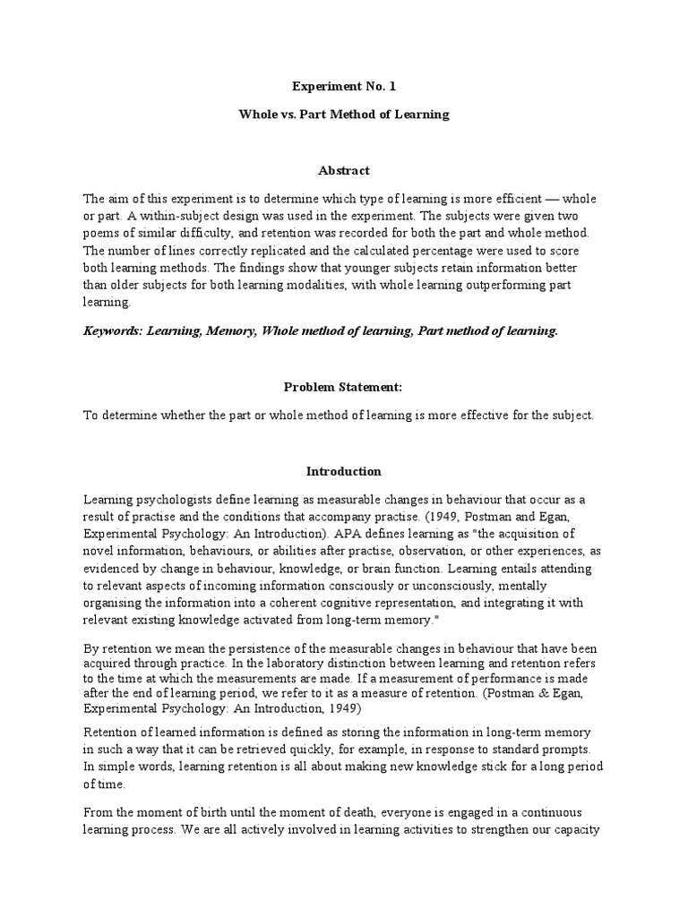Whole vs. Part Learning Efficiency | PDF | Classical Conditioning ...