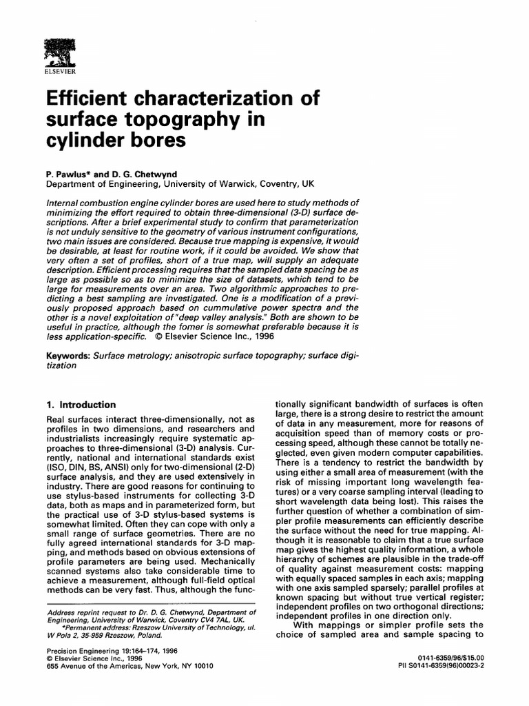 P. Pawlus D.G. Chetwynd Efficient Characterization of Surface Topography in Cylinder Bores