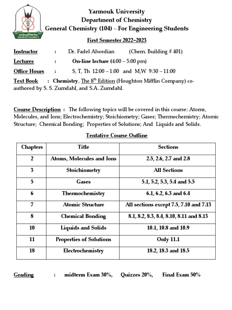 Syllabus for General Chemistry (104) Course at Yarmouk University for