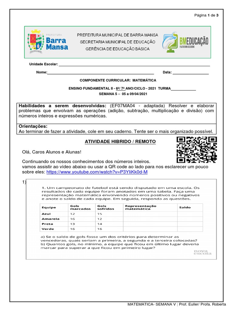 Matemática 7º Ano Semana 5 Hibrido Remoto Pdf Matemática Aritmética