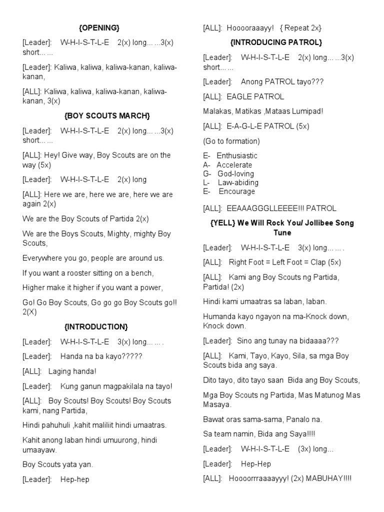 Boy Scout Yells and Cheers in Tagalog | PDF