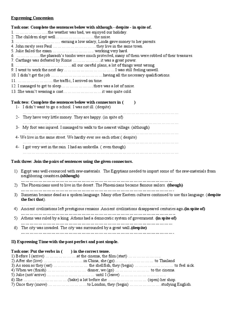 Concession and Time Expressions Exercises | PDF | Linguistics