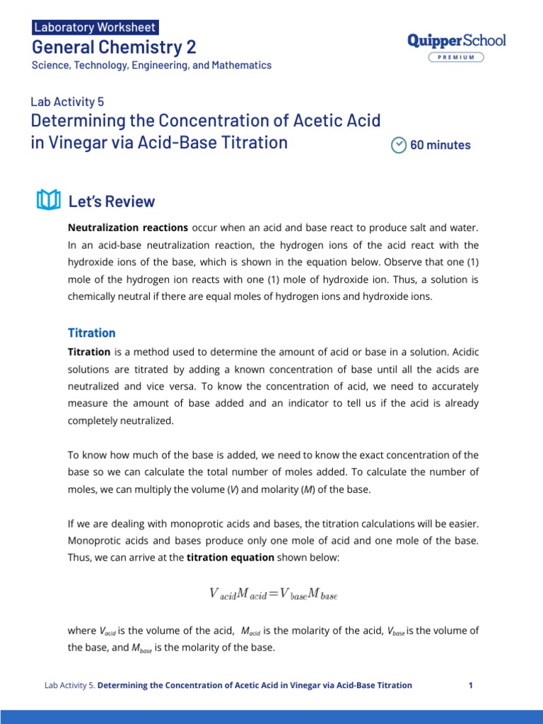STEM 6 Determining The Concentration of Acetic Acid in Vinegar Via Acid