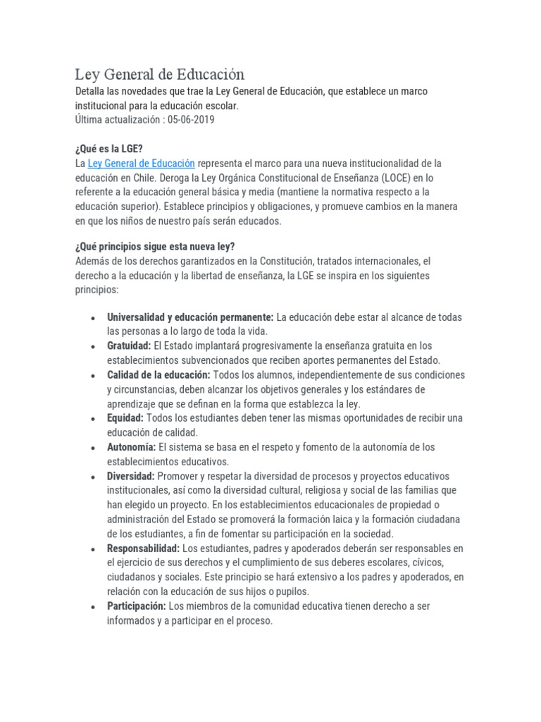 Ley General de Educación Resumen | PDF | Educación de la primera ...