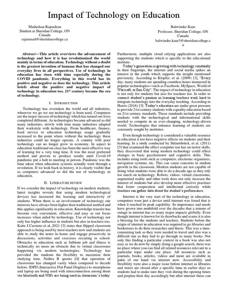 Impact of technology on education abstract this article overviews the