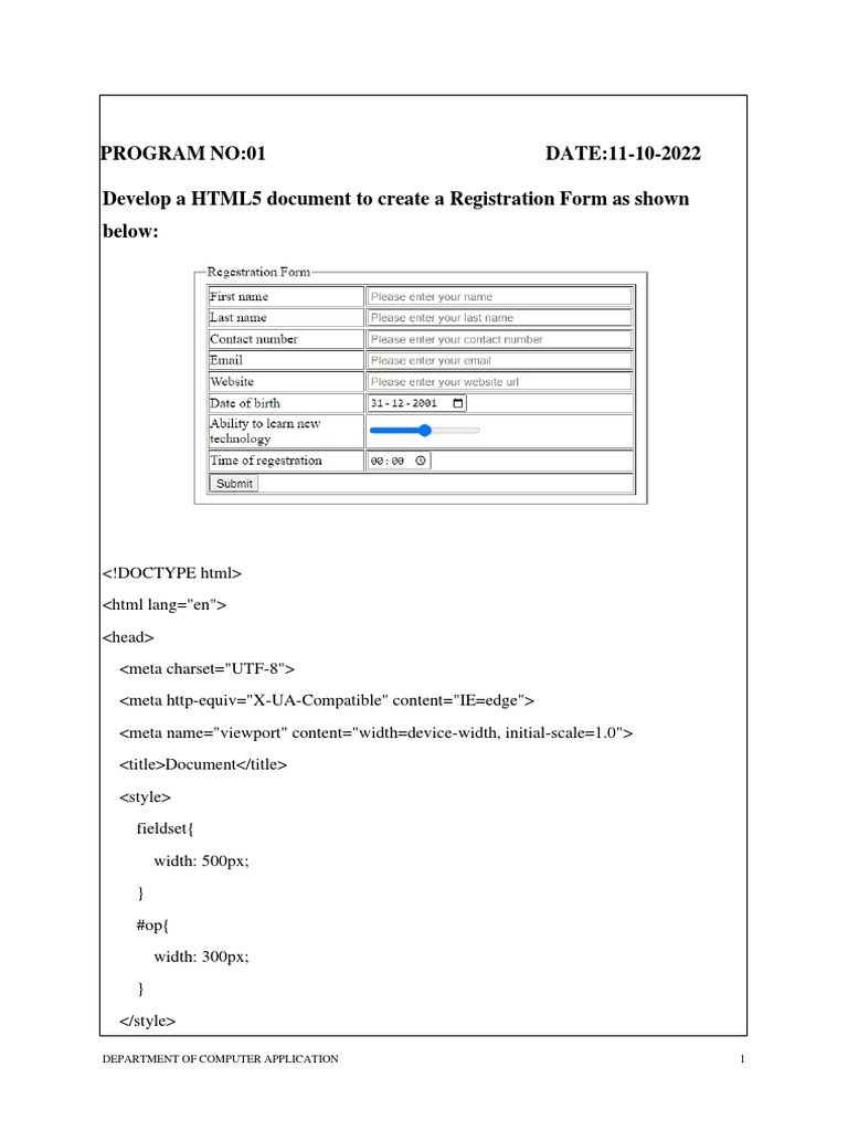 Program no 01 date 11 10 2022 develop a html5 document to create a
