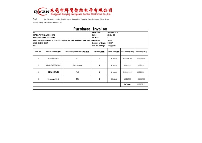 Purchase Invoice for Automation Equipment | PDF