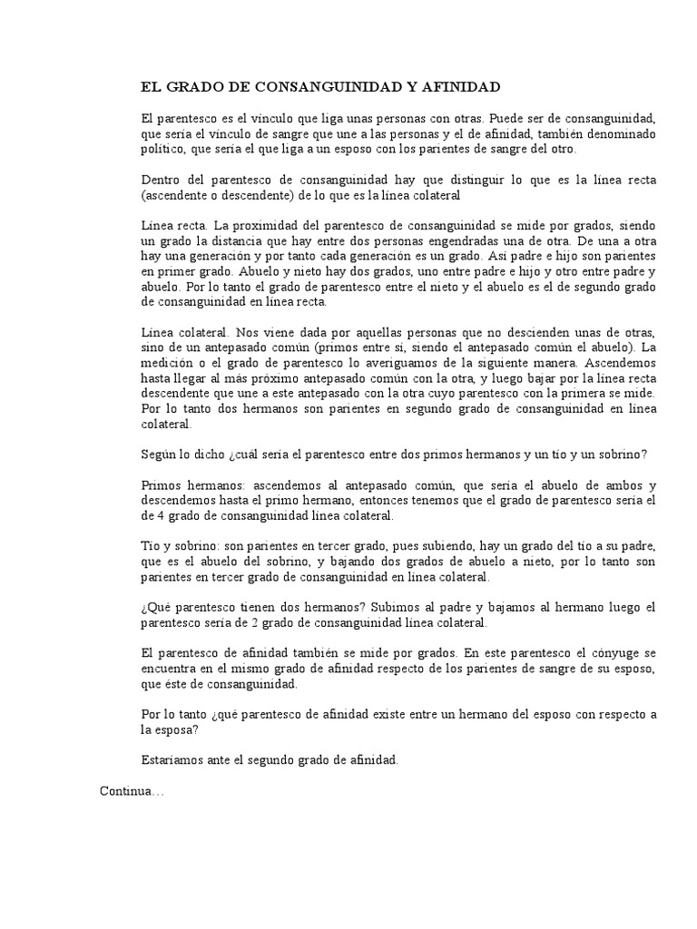 El Grado de Consanguinidad y Afinidad PDF Parentesco Parentesco y