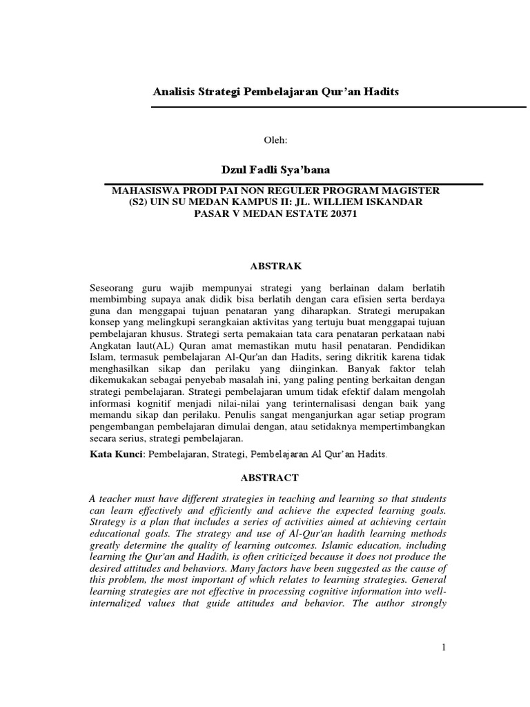 Analisis strategi pembelajaran quran hadits parafrase pdf