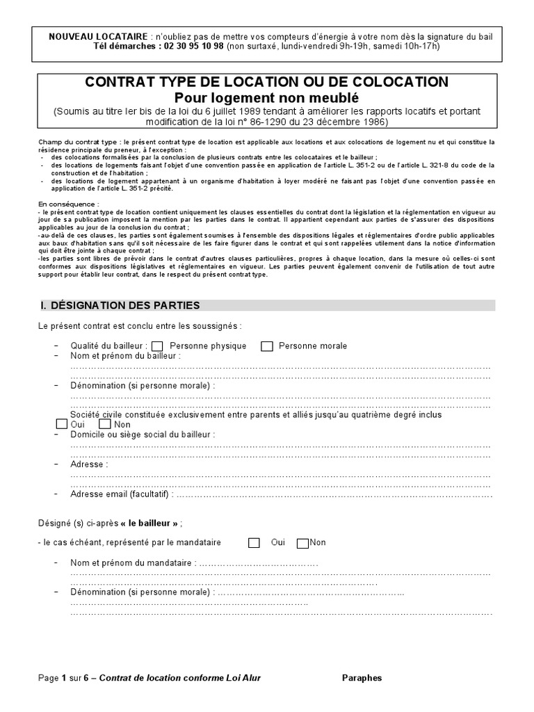 Contrat Type de Location Ou de Colocation Pour Logement Non Meublé ...