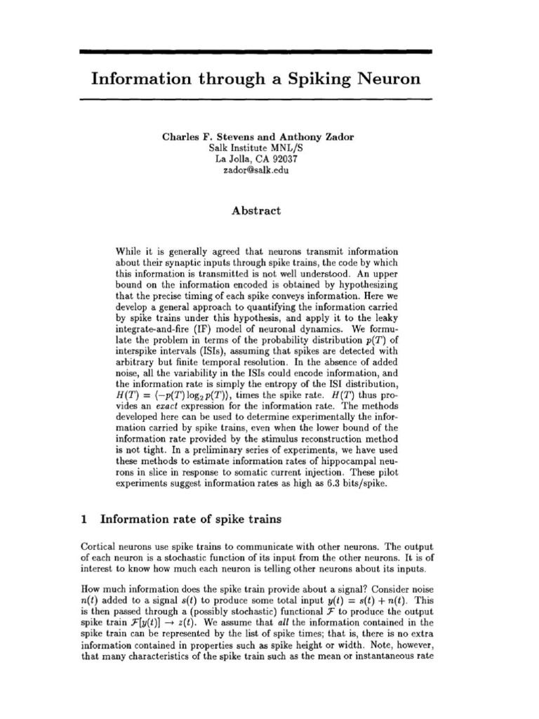 NIPS 1995 Information Through A Spiking Neuron Paper PDF Action