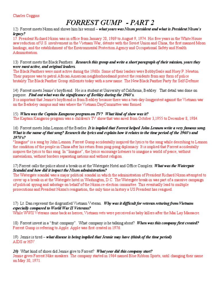 Forrest Gump Questions Part 2 PDF Watergate Scandal United States