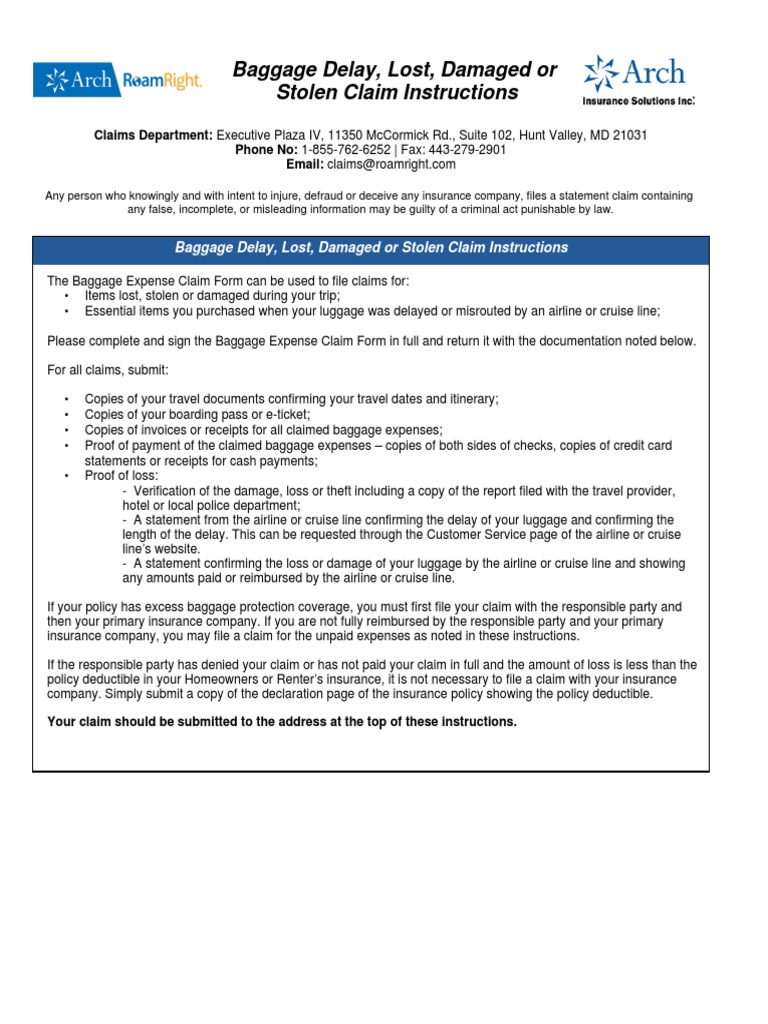 Baggage Delay, Lost, Damaged or Stolen Claim Instructions PDF Fraud