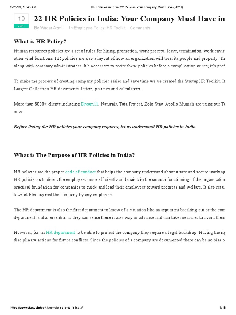 Hr Policies In India 22 Policies Your Company Must Have 2023 Pdf
