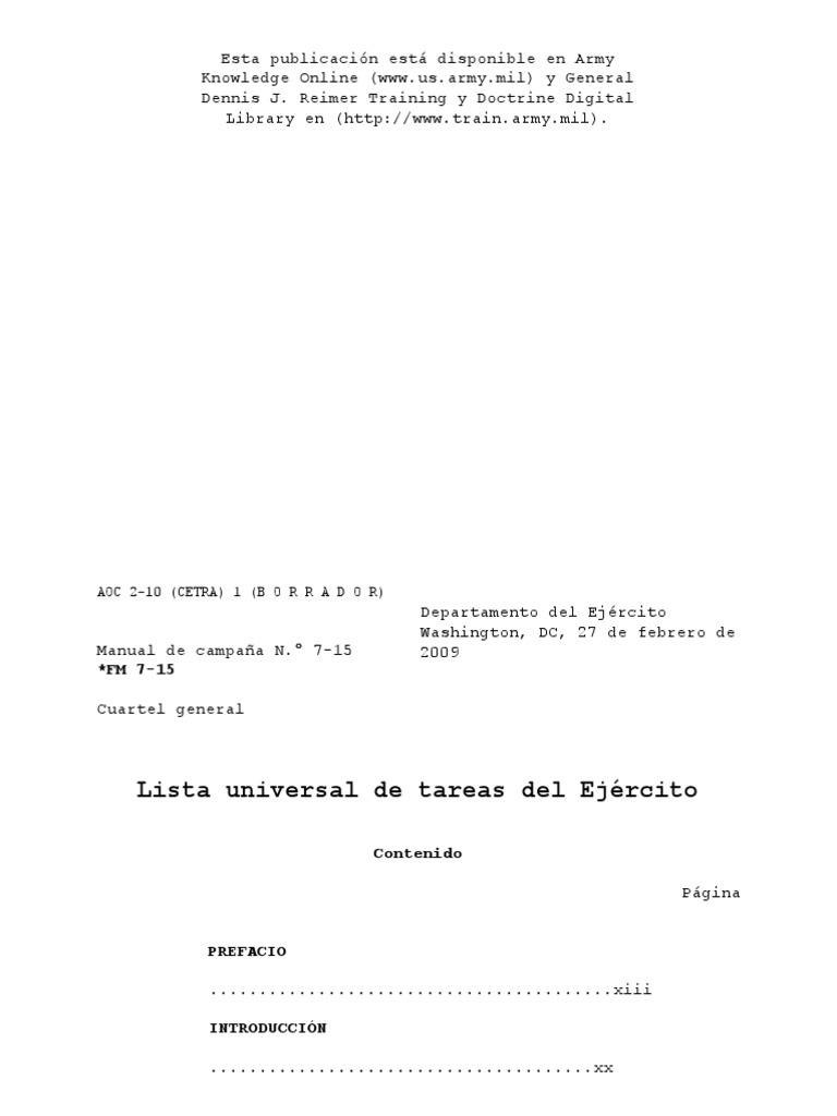 FM 7-15 Manual Lista Universal de Tareas 2009 | PDF | Militar | Brazos ...