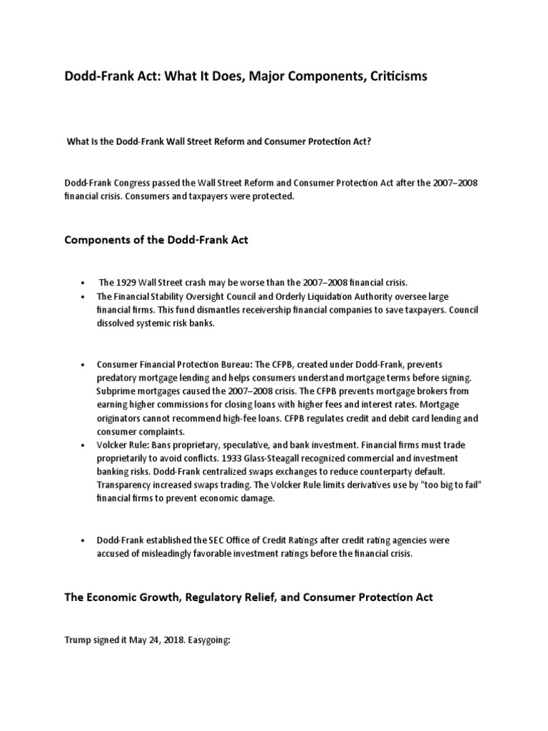 An Overview of the DoddFrank Act Key Components, Criticisms, and