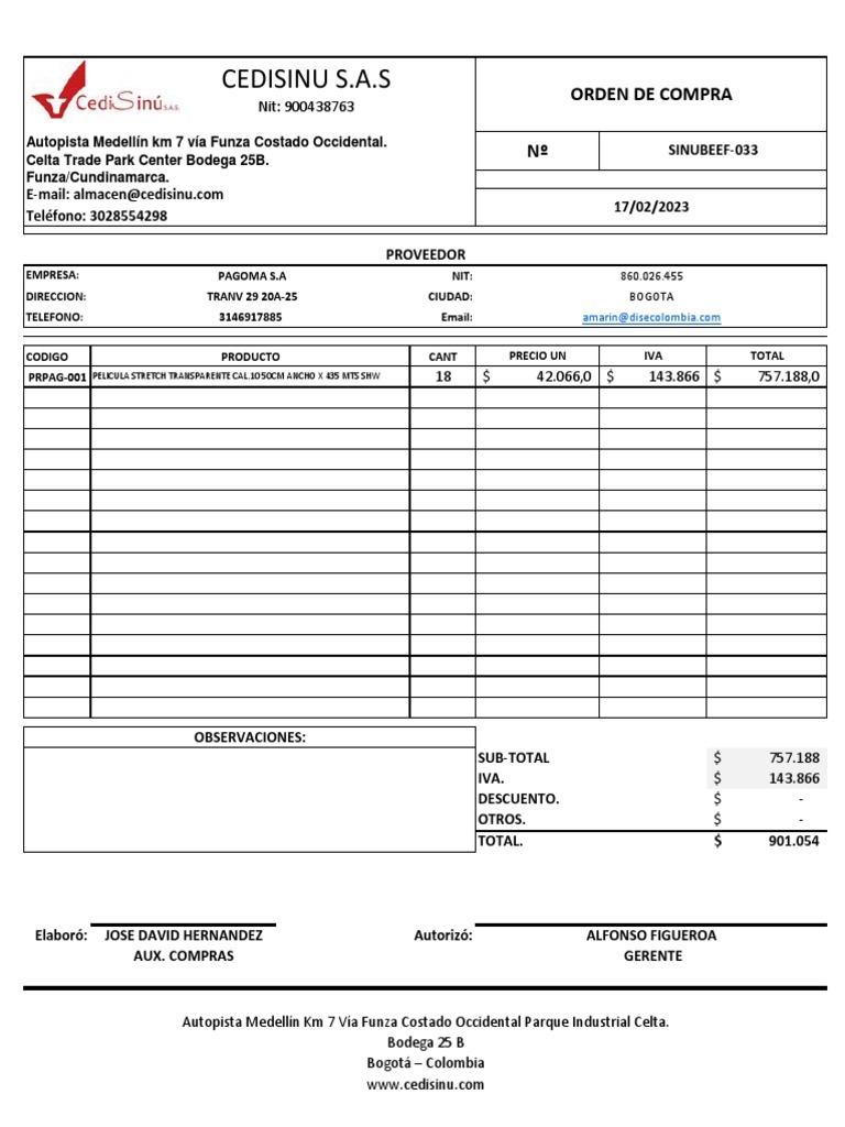 Formato de Orden de Compra (Sinubeef-033) | PDF