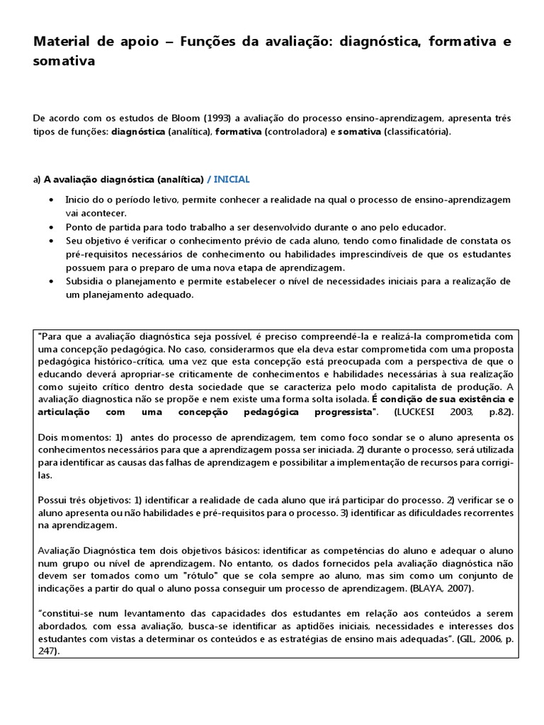 Funções da Avaliação na Educação | PDF | Aprendizado | Planejamento
