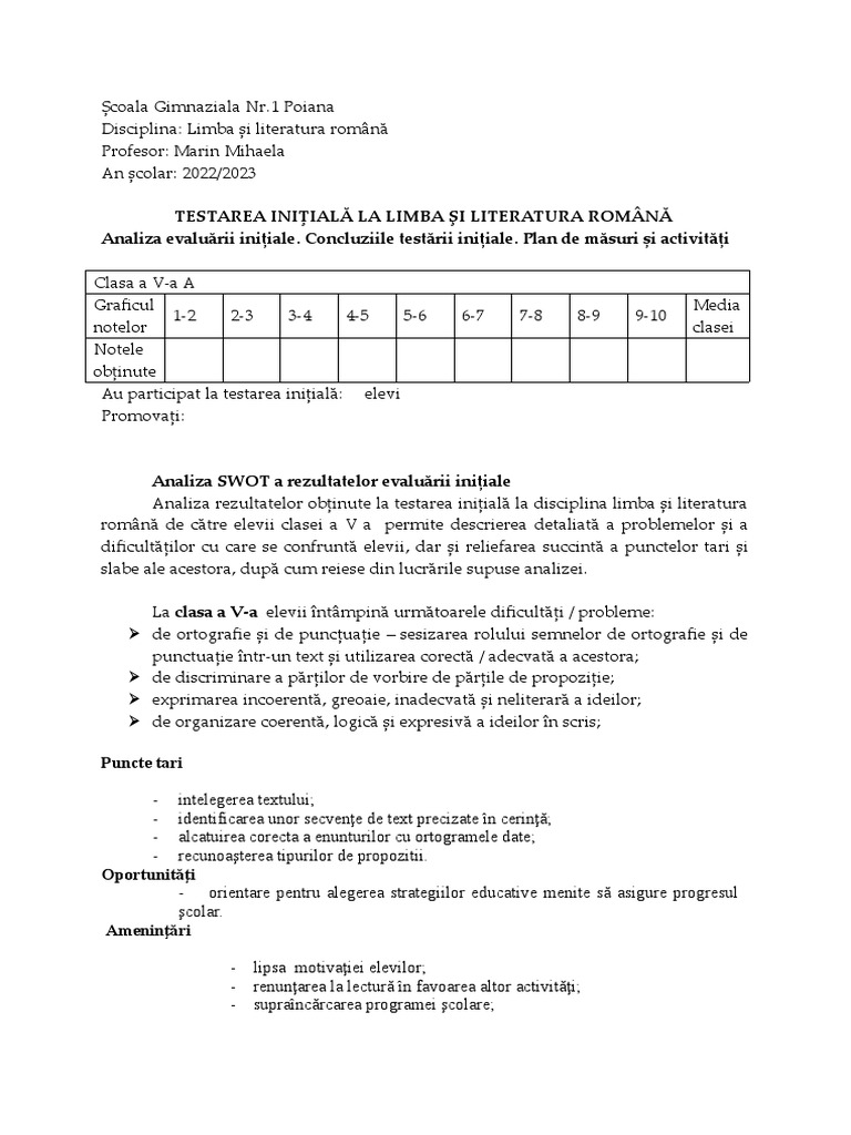 Analiza Test Initial Clasa A 5 A | PDF