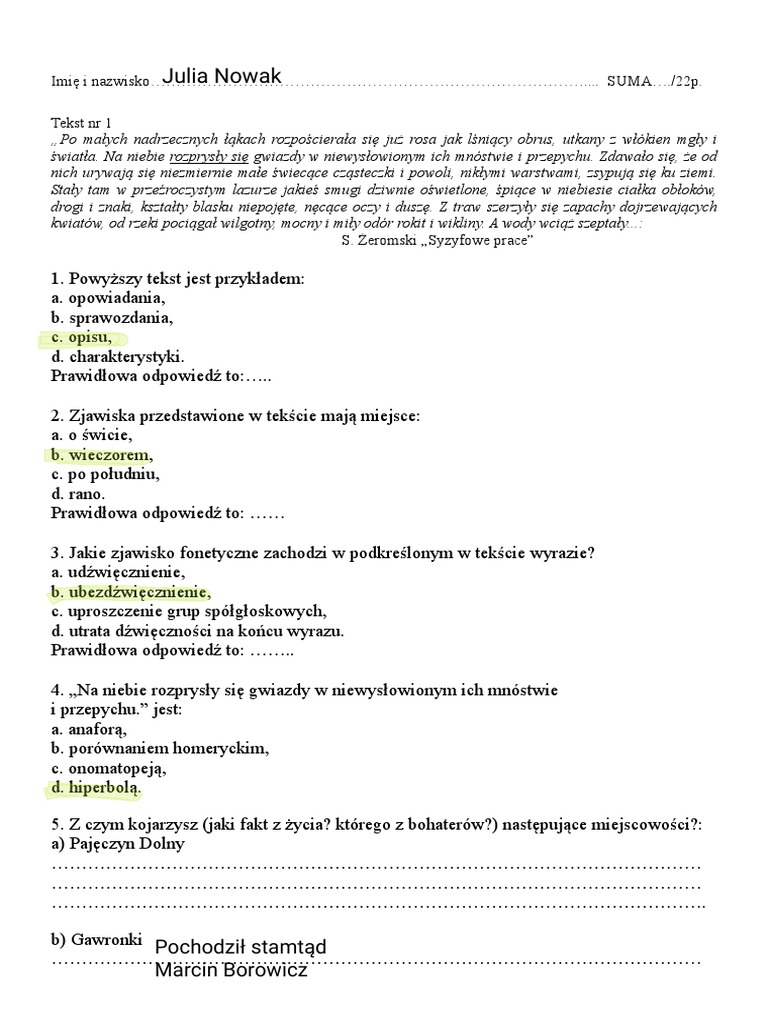 Syzyfowe Prace Test Klasa 7 Edited - Julia Nowak - Test Syzyfowe Prace | PDF