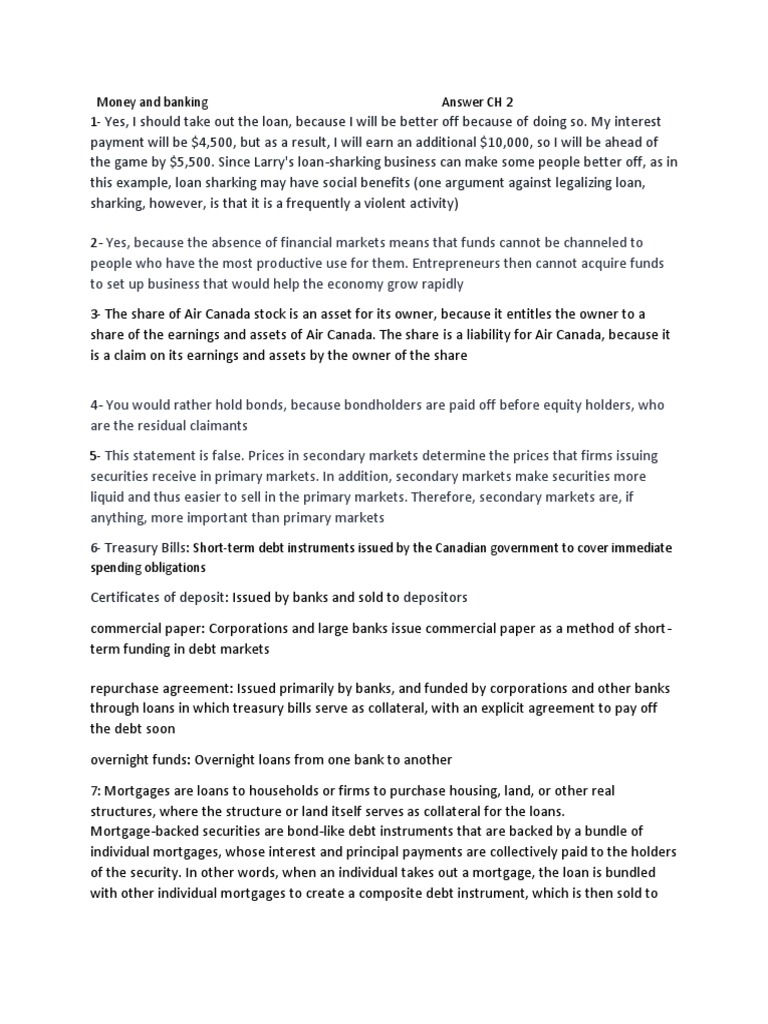Money and Banking Answer CH 2 1 PDF Loans Mortgage Loan