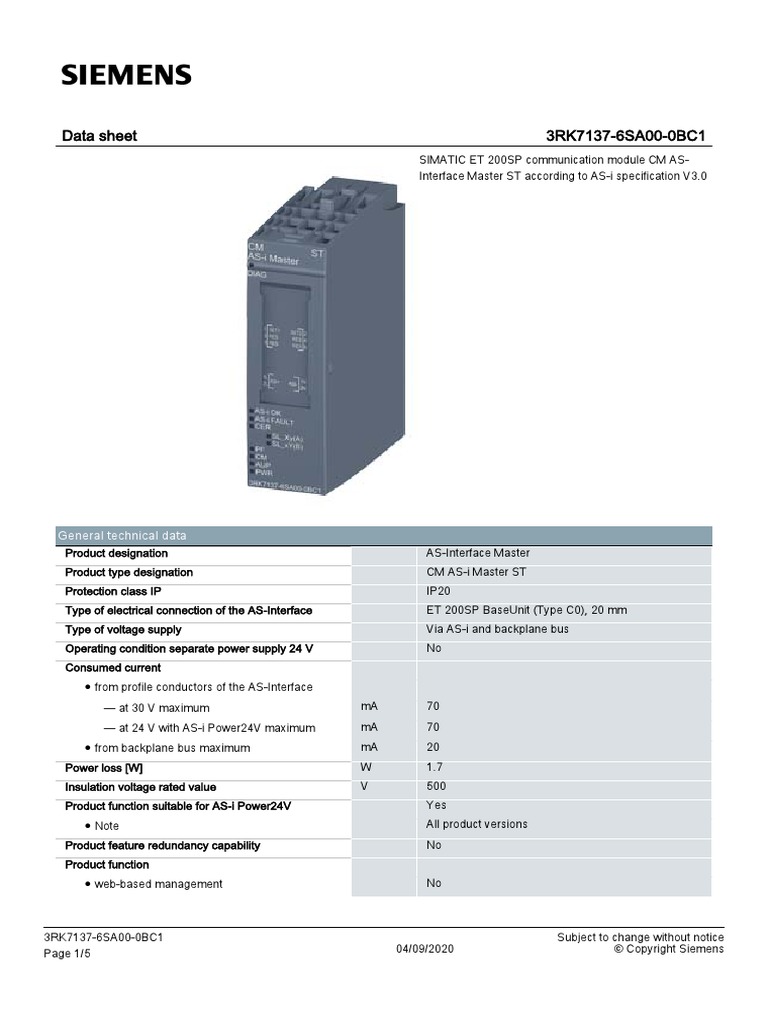 Siemens ET200SP CM ASI Master PDF Electronics Networking Standards